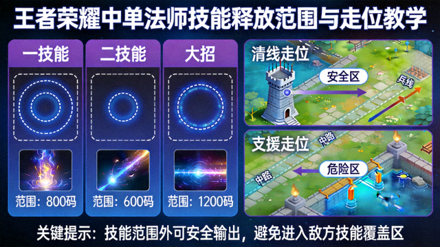 王者荣耀中单法师技能释放范围与走位教学示意图